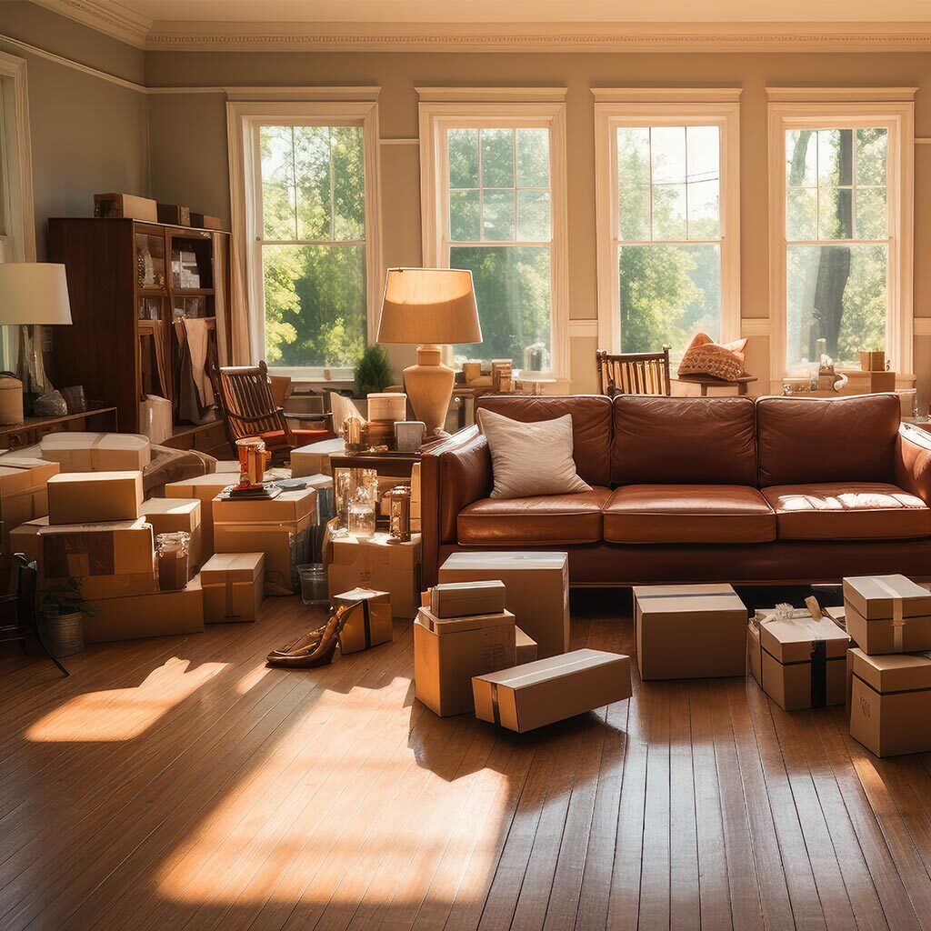 Room full of boxes and furniture for unpacking